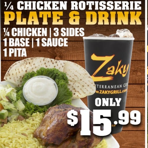 Chicken Rotisserie Plate & Drink.